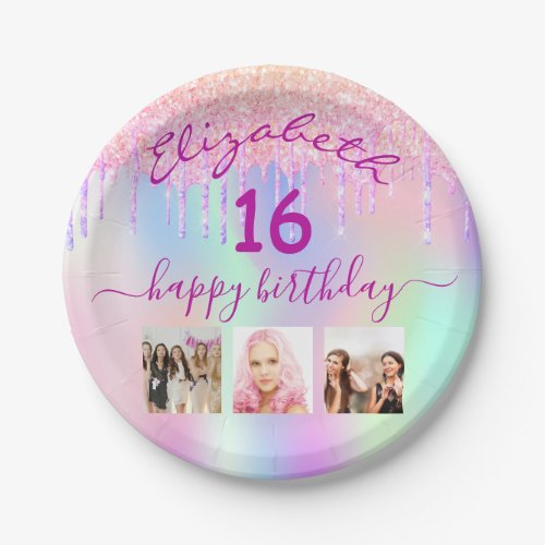 Sweet 16 photo pink glitter holographic paper plates
