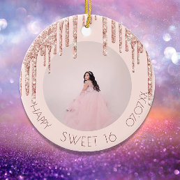 Sweet 16 photo rose gold glitter ceramic ornament