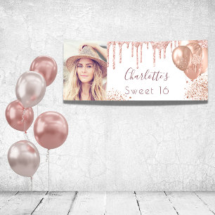 Sweet 16 photo rose gold glitter monogram white banner