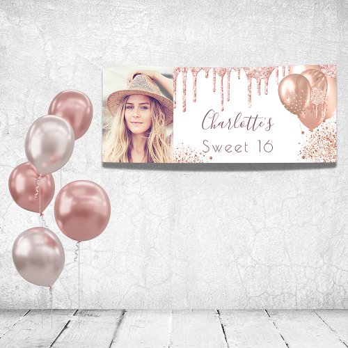 Sweet 16 photo rose gold glitter monogram white banner