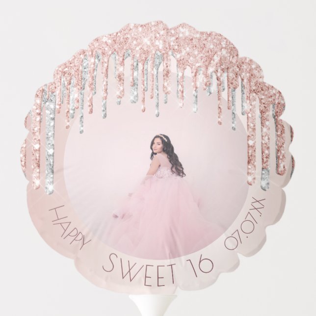 Sweet 16 photo rose gold pink glitter silver balloon (Back)