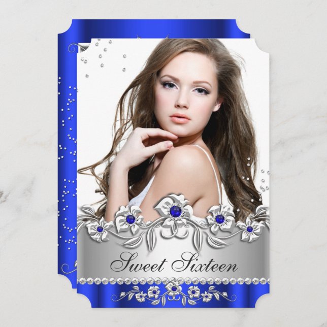 Sweet 16 Photo Royal Blue Silver Diamond Jewel Invitation (Front/Back)