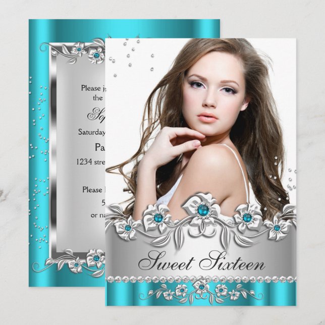 Sweet 16 Photo Teal Blue Silver Diamond Jewel Invitation (Front/Back)