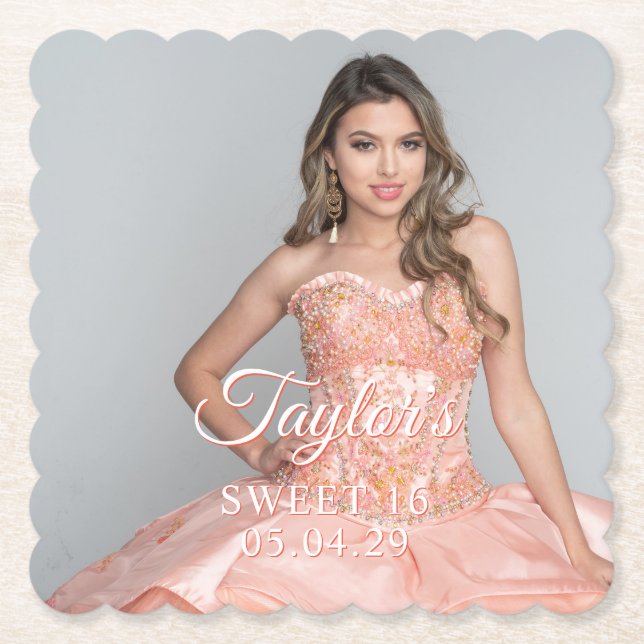 Sweet 16 Photo Two Color Font Paper Coaster (Front)