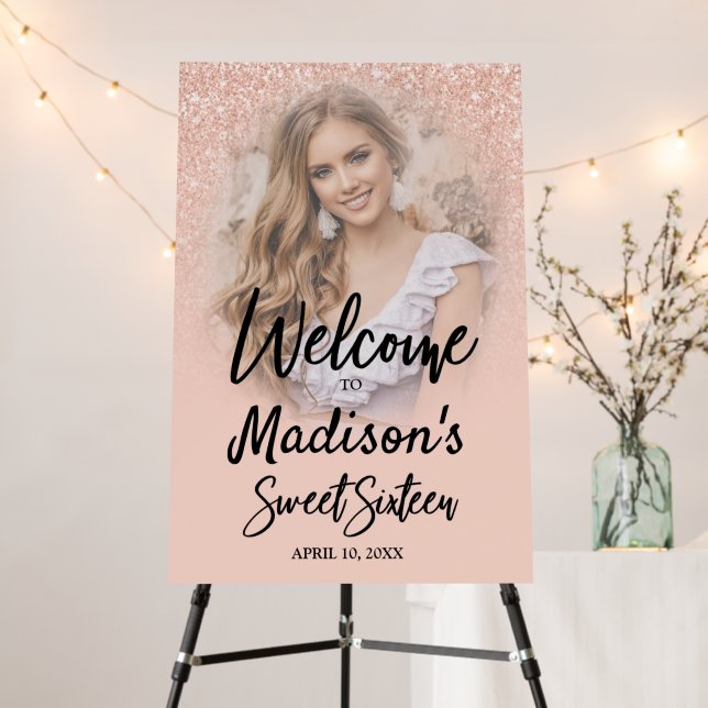 Sweet 16 Photo Welcome Sign Blush Pink & Rose Gold (In Situ (Stand))