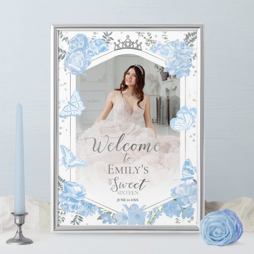 Sweet 16 Photo Welcome Sign Butterfly Dusty Blue