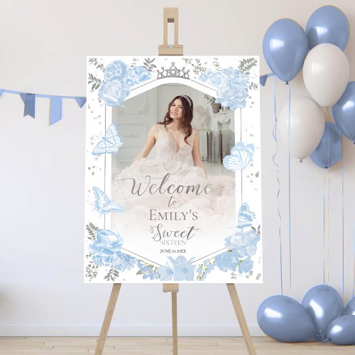 Sweet 16 Photo Welcome Sign Butterfly Dusty Blue