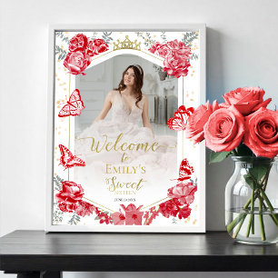 Sweet 16 Photo Welcome Sign Butterfly Red Floral