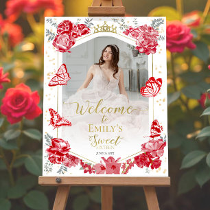 Sweet 16 Photo Welcome Sign Butterfly Red Floral