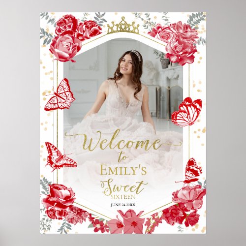 Sweet 16 Photo Welcome Sign Butterfly Red Floral