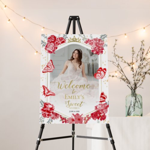 Sweet 16 Photo Welcome Sign Butterfly Red Floral