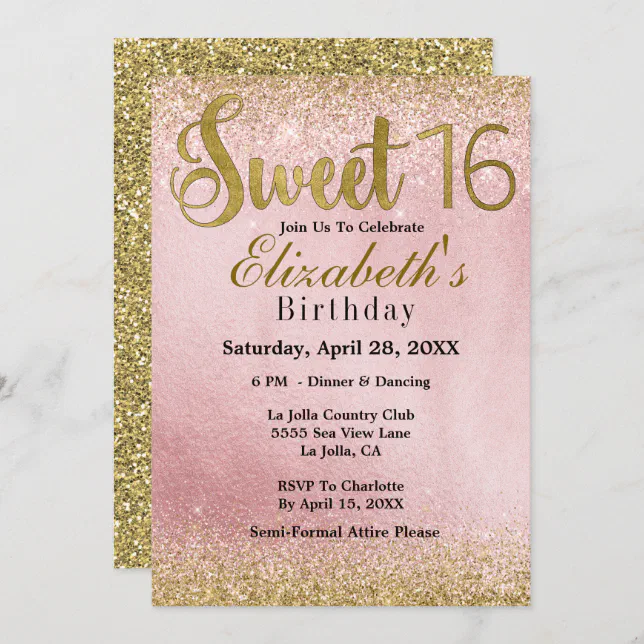 Sweet 16 Pink and Gold Faux Glitter Birthday Invitation | Zazzle