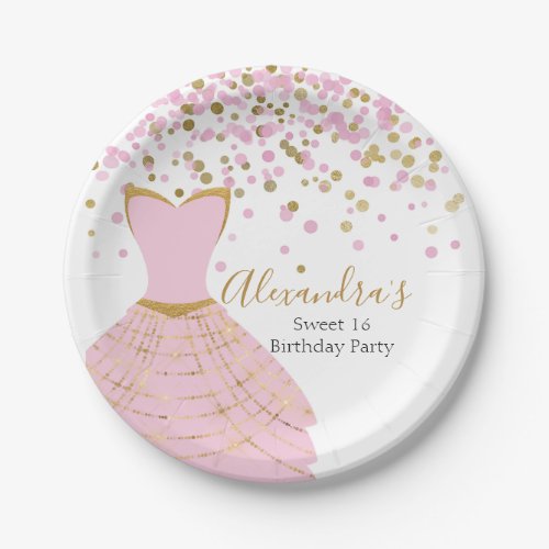 Sweet 16 Pink and Gold Foil Dress Paper Plates