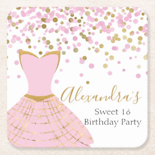 Sweet 16 Pink and Gold Foil Dress Square Paper Coaster