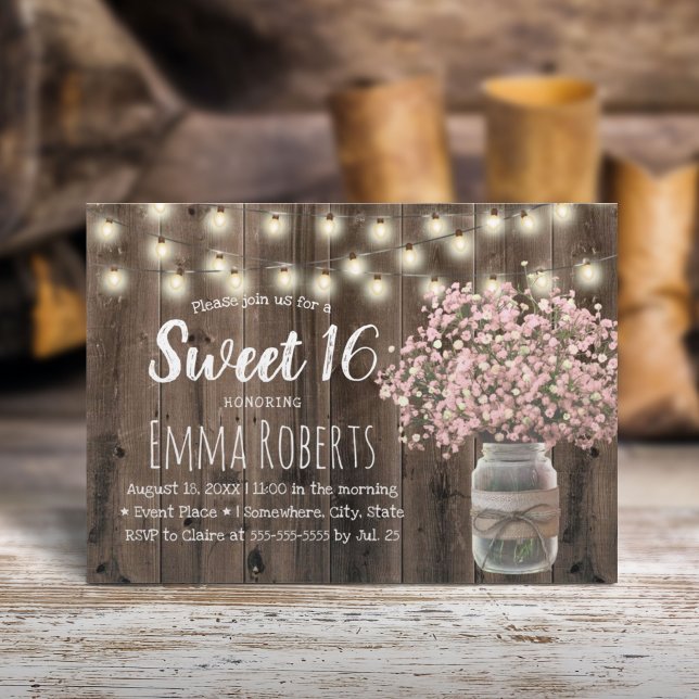 Sweet 16 Pink Baby's Breath Floral Jar Barn Wood Invitation