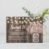 Sweet 16 Pink Baby's Breath Floral Jar Barn Wood Invitation (Standing Front)