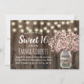 Sweet 16 Pink Baby's Breath Floral Jar Barn Wood Invitation (Front)