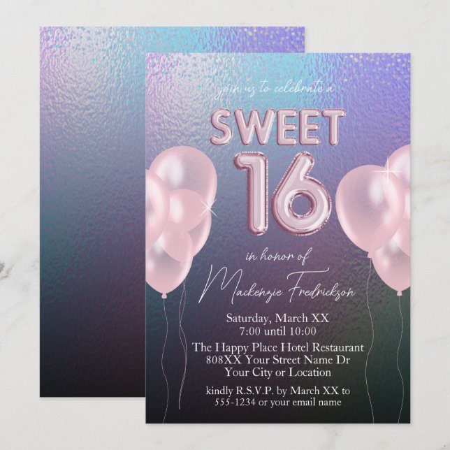Sweet 16 Pink Balloons on Dark Holographic Invitation (Front/Back)