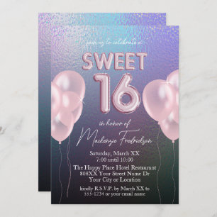 Sweet 16 Pink Balloons on Dark Holographic Invitation