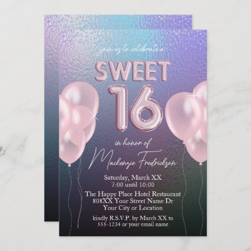 Sweet 16 Pink Balloons on Dark Holographic Invitation