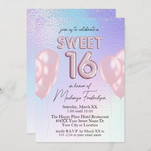 Sweet 16 Pink Balloons on Holographic Gradient Invitation