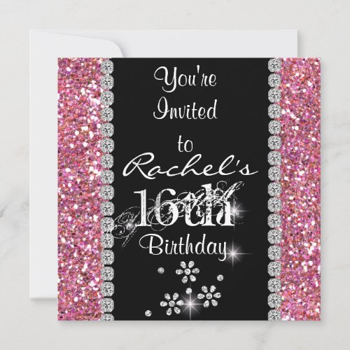 SWEET 16 PINK  Birthday Party Invitation BLING