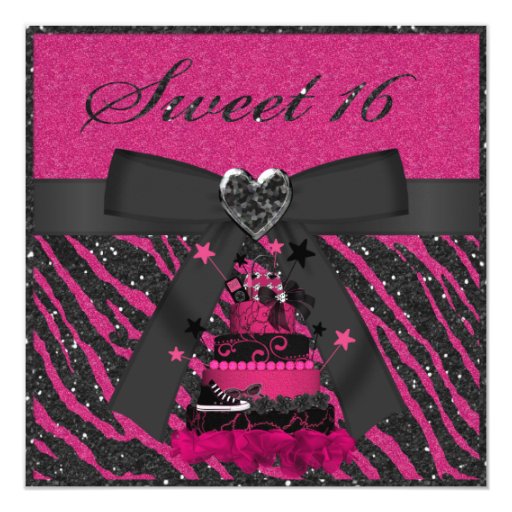 Sweet 16 Pink & Black Cake Faux Glitter Zebra Card | Zazzle
