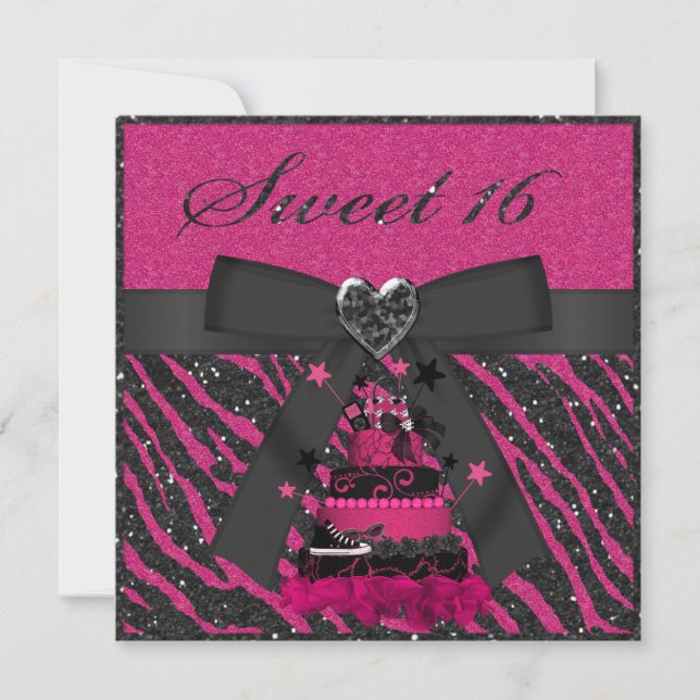 Sweet 16 Pink & Black Cake Faux Glitter Zebra Invitation (Front)