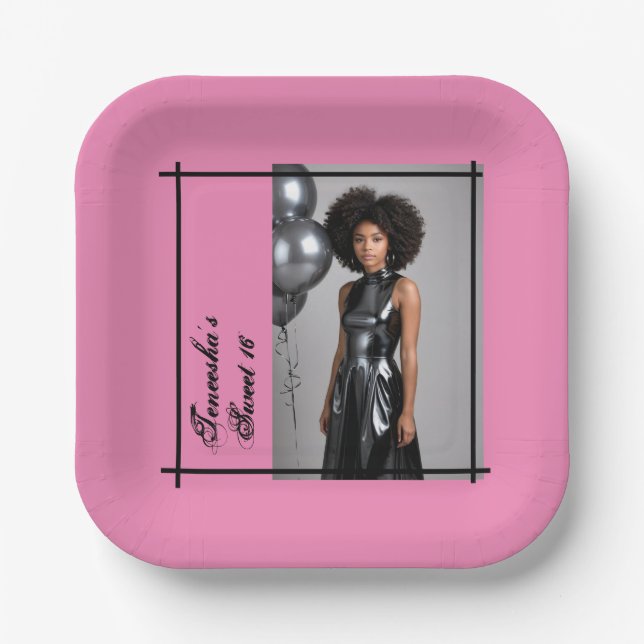 Sweet 16 Pink & Black – Custom Photo/Text Paper Plates (Front)