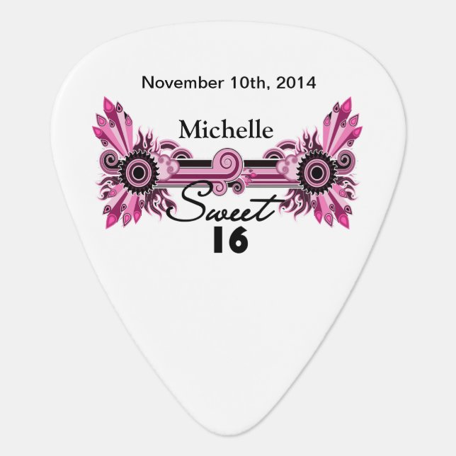 Sweet 16 Pink Black Scrolls & Swirls Name Date Guitar Pick (Front)