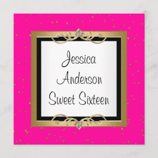 Sweet 16 Pink Black White Gold Spots Jewel Invitation