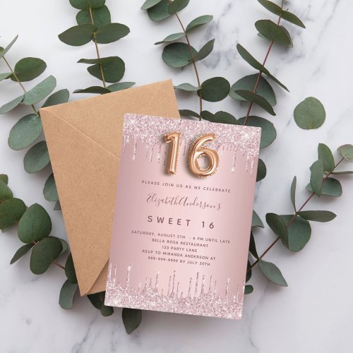 Sweet 16 pink blush pink glitter drips glamorous invitation