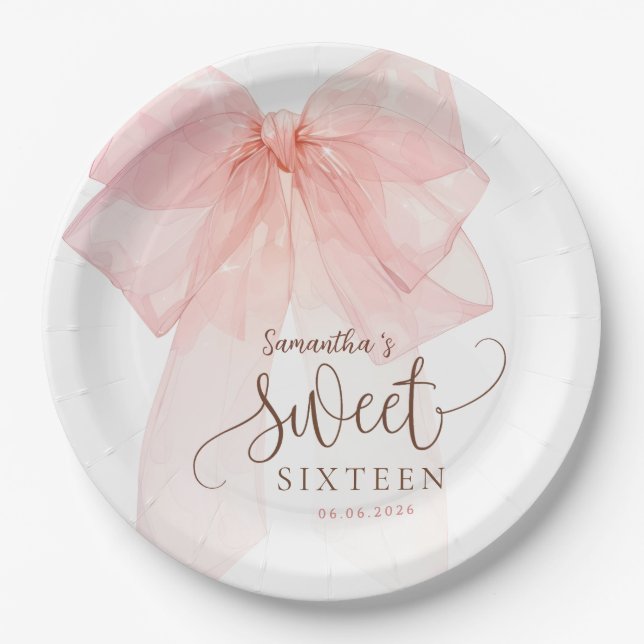 Sweet 16 Pink Bow Birthday party Paper Plates (Front)