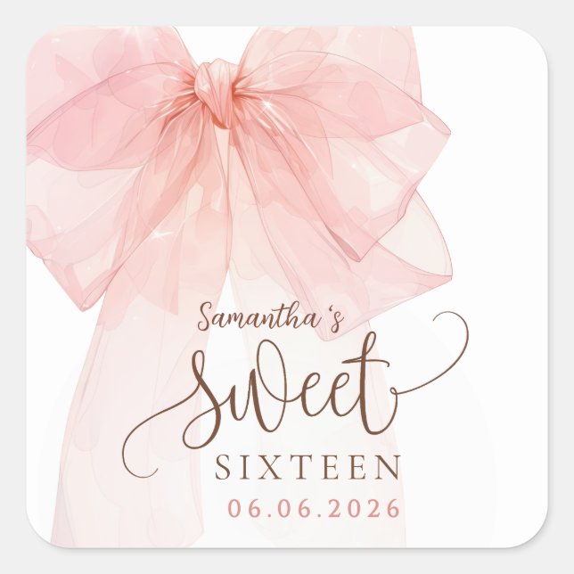 Sweet 16 Pink Bow Birthday party Square Sticker (Front)
