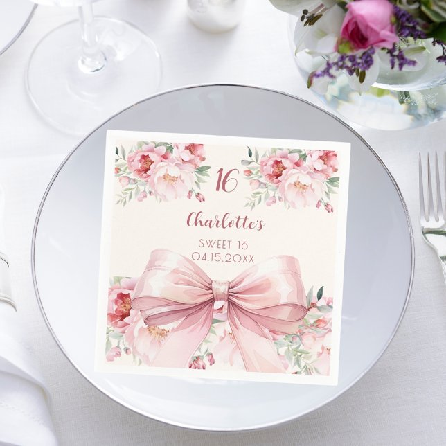 Sweet 16 pink bow cream florals roses napkins (Creator Uploaded)