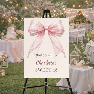 Sweet 16 pink bow cream ivory pearls welcome foam board
