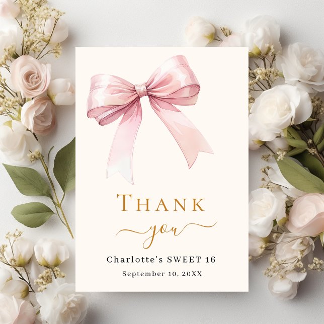 Sweet 16 pink bow cream thank you card (Creator Uploaded)