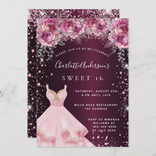 Sweet 16 pink burgundy glitter dress floral invitation