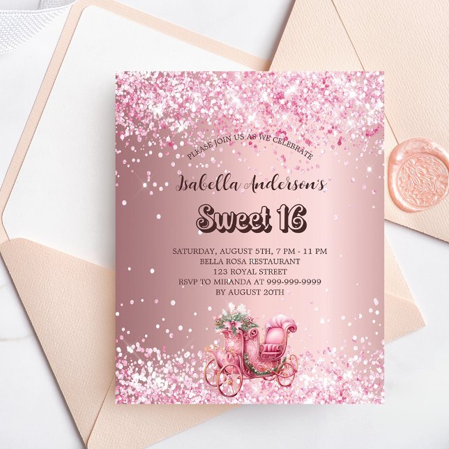 Sweet 16 pink carriage budget invitation flyer (Creator Uploaded)