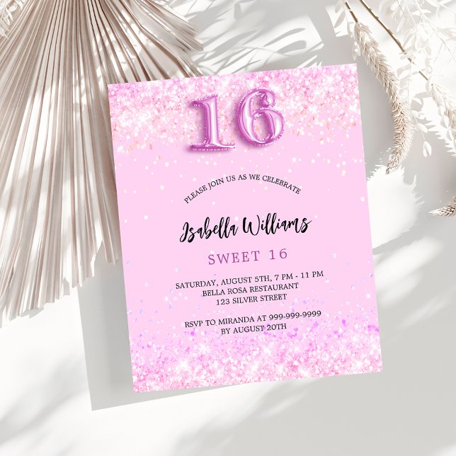 Sweet 16 pink confetti girl budget invitation (Creator Uploaded)