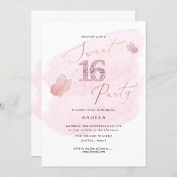 Sweet 16 Pink Diamond Butterflies Watercolor Invitation by custom_stationery at Zazzle