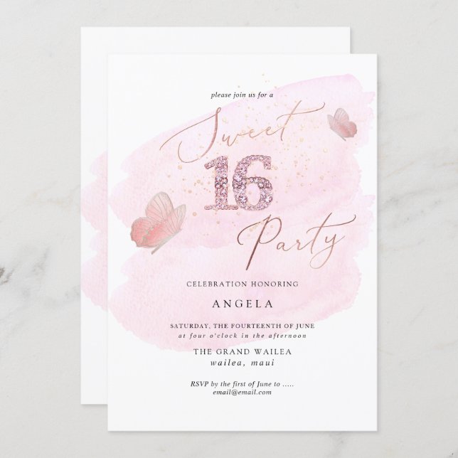 Sweet 16 Pink Diamond Butterflies Watercolor Invitation (Front/Back)