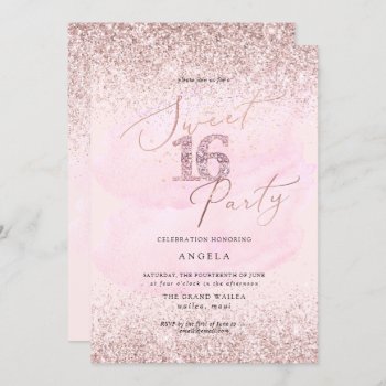 Sweet 16 Pink Diamond Glitters Watercolor Invitation by custom_stationery at Zazzle