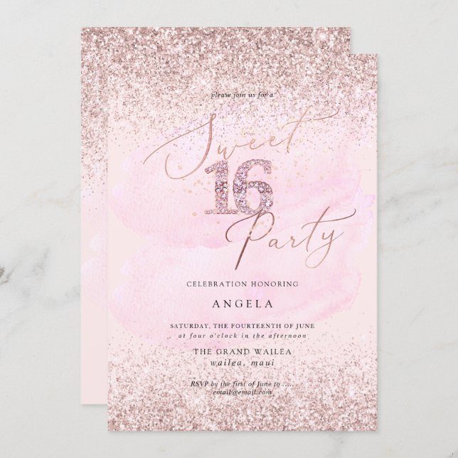 Sweet 16 Pink Diamond Glitters Watercolor Invitation (Front/Back)