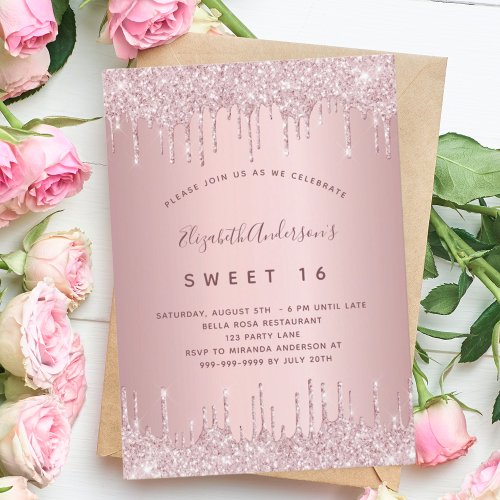 Sweet 16 pink dusty rose glitter 16th birthday invitation