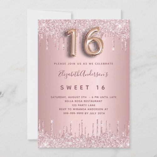 Sweet 16 pink dusty rose glitter drips invitation