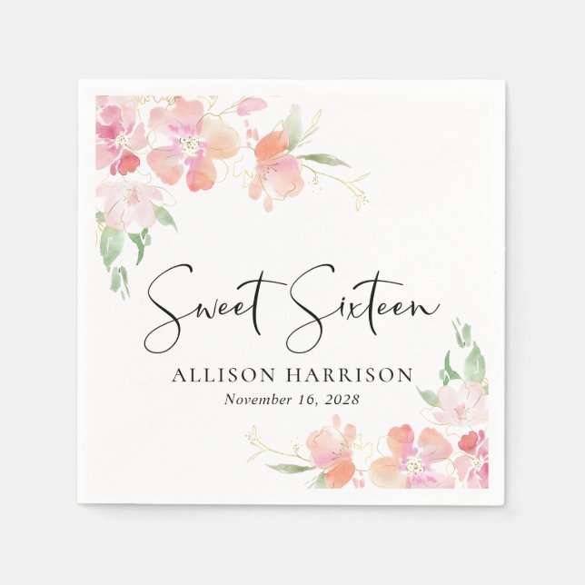 Sweet 16 Pink Floral Birthday Party Napkins (Front)