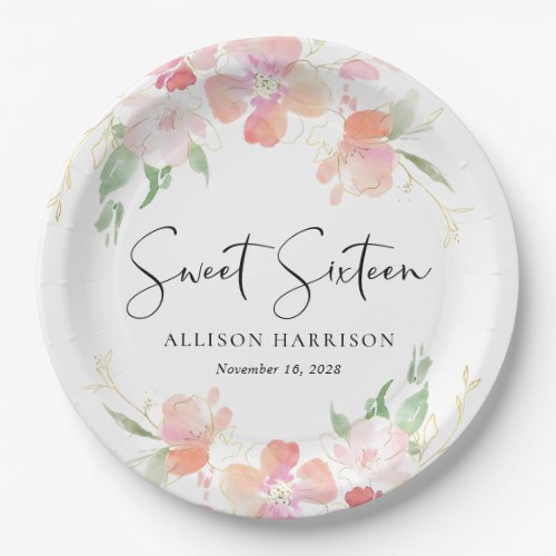 Sweet 16 Pink Floral Birthday Party Paper Plates