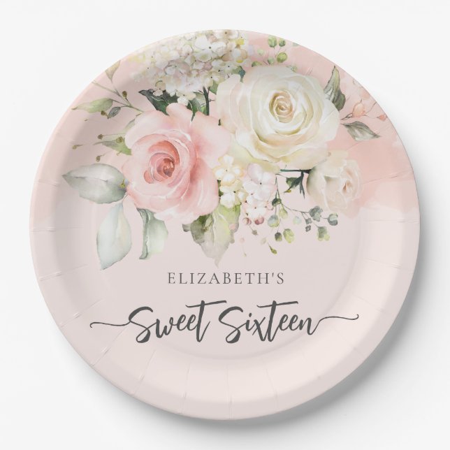 Sweet 16 Pink Floral Birthday Party Paper Plates (Front)