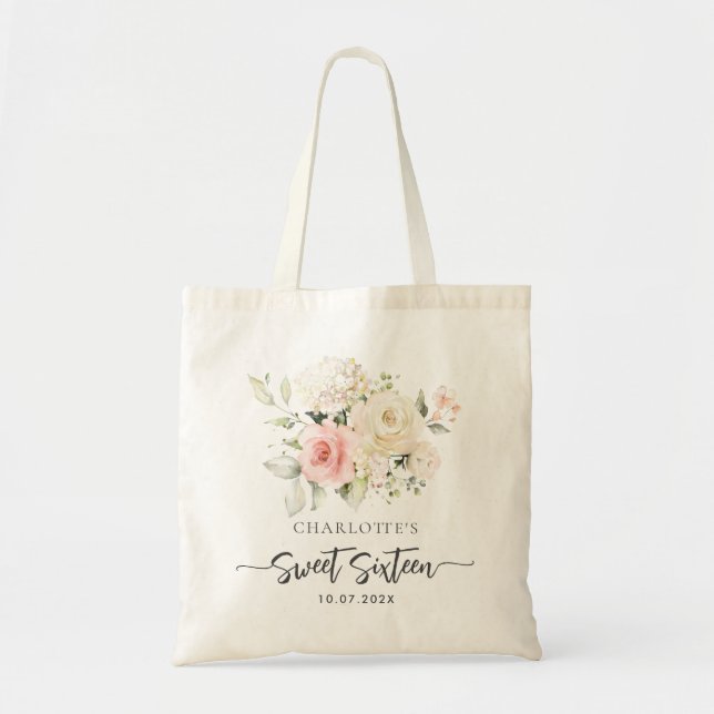 Sweet 16 Pink Floral Birthday Personalized Party Tote Bag (Front)